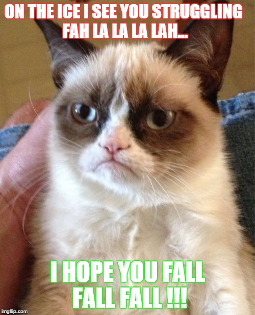 Grumpy Cat | ON THE ICE I SEE YOU STRUGGLING FAH LA LA LA LAH... I HOPE YOU
FALL FALL FALL !!! | image tagged in memes,grumpy cat | made w/ Imgflip meme maker