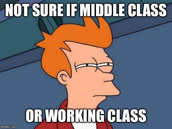 Futurama Fry | NOT SURE IF MIDDLE CLASS OR WORKING CLASS | image tagged in memes,futurama fry | made w/ Imgflip meme maker