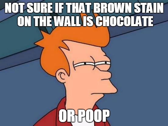 Parents with children in diapers know the struggle is real. | NOT SURE IF THAT BROWN STAIN ON THE WALL IS CHOCOLATE OR POOP | image tagged in memes,futurama fry,poop,kids | made w/ Imgflip meme maker