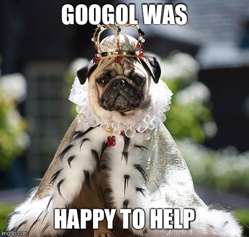 Pug king | GOOGOL WAS HAPPY TO HELP | image tagged in pug king | made w/ Imgflip meme maker