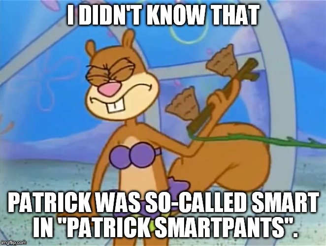 Sandy Cheeks I Didn't Know That Patrick Was So-Called Smart | I DIDN'T KNOW THAT PATRICK WAS SO-CALLED SMART IN "PATRICK SMARTPANTS". | image tagged in sandy cheeks i didn't know that,memes,sandy cheeks,spongebob squarepants,funny,purple bikini | made w/ Imgflip meme maker