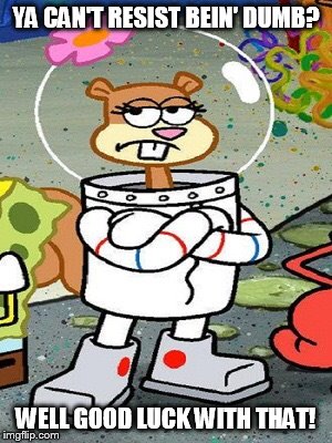 Sandy Cheeks - Ya Can't Resist Bein' Dumb? | YA CAN'T RESIST BEIN' DUMB? WELL GOOD LUCK WITH THAT! | image tagged in how clich can ya get,memes,sandy cheeks,spongebob squarepants,funny | made w/ Imgflip meme maker