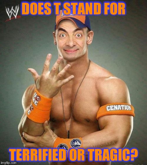 Mr Bean vs Mr T #3 | DOES T STAND FOR TERRIFIED OR TRAGIC? | image tagged in mr bean wrestler,mr bean,mr t,mr bean vs mr t,john cena | made w/ Imgflip meme maker