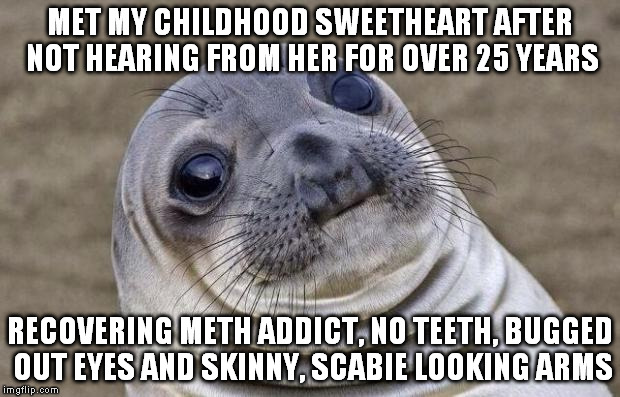 Awkward Moment Sealion Meme | MET MY CHILDHOOD SWEETHEART AFTER NOT HEARING FROM HER FOR OVER 25 YEARS RECOVERING METH ADDICT, NO TEETH, BUGGED OUT EYES AND SKINNY, SCABI | image tagged in memes,awkward moment sealion,AdviceAnimals | made w/ Imgflip meme maker