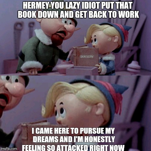 The Struggle is Real for Hermey | HERMEY YOU LAZY IDIOT PUT THAT BOOK DOWN AND GET BACK TO WORK I CAME HERE TO PURSUE MY DREAMS AND I'M HONESTLY FEELING SO ATTACKED RIGHT NOW | image tagged in christmas,rudolph | made w/ Imgflip meme maker