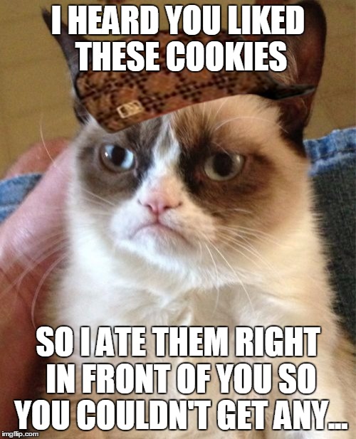 They were horrible... | I HEARD YOU LIKED THESE COOKIES SO I ATE THEM RIGHT IN FRONT OF YOU SO YOU COULDN'T GET ANY... | image tagged in memes,grumpy cat,scumbag,scumbag grumpy cat,cookies,anyone who loves cookies | made w/ Imgflip meme maker