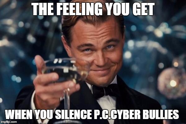Leonardo Dicaprio Cheers | THE FEELING YOU GET WHEN YOU SILENCE P.C.CYBER BULLIES | image tagged in memes,leonardo dicaprio cheers | made w/ Imgflip meme maker