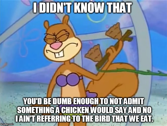 I Didn't Know That You'd Be Dumb Enough To Not Admit Somethin' A Chicken Would Say | I DIDN'T KNOW THAT YOU'D BE DUMB ENOUGH TO NOT ADMIT SOMETHING A CHICKEN WOULD SAY AND NO I AIN'T REFERRING TO THE BIRD THAT WE EAT. | image tagged in sandy cheeks i didn't know that,memes,sandy cheeks,spongebob squarepants,chicken,purple bikini | made w/ Imgflip meme maker