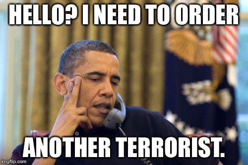 No I Can't Obama | HELLO? I NEED TO ORDER ANOTHER TERRORIST. | image tagged in memes,no i cant obama | made w/ Imgflip meme maker