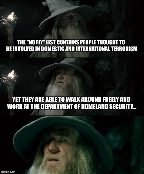 "Common Core" government logic | THE "NO FLY" LIST CONTAINS PEOPLE THOUGHT TO BE INVOLVED IN DOMESTIC AND INTERNATIONAL TERRORISM YET THEY ARE ABLE TO WALK AROUND FREELY AND | image tagged in memes,confused gandalf | made w/ Imgflip meme maker