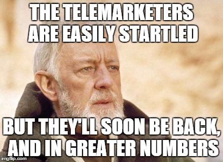 Those calls during dinner this time of year | THE TELEMARKETERS ARE EASILY STARTLED BUT THEY'LL SOON BE BACK, AND IN GREATER NUMBERS | image tagged in memes,obi wan kenobi | made w/ Imgflip meme maker