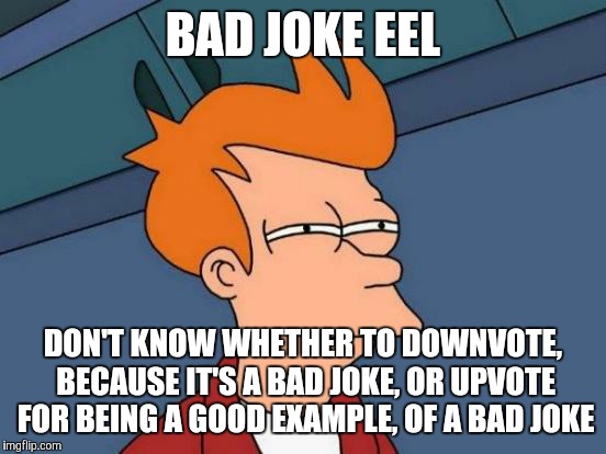 Futurama Fry Meme | BAD JOKE EEL DON'T KNOW WHETHER TO DOWNVOTE, BECAUSE IT'S A BAD JOKE, OR UPVOTE FOR BEING A GOOD EXAMPLE, OF A BAD JOKE | image tagged in memes,futurama fry | made w/ Imgflip meme maker