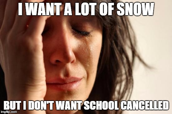 First World Problems | I WANT A LOT OF SNOW BUT I DON'T WANT SCHOOL CANCELLED | image tagged in memes,first world problems | made w/ Imgflip meme maker