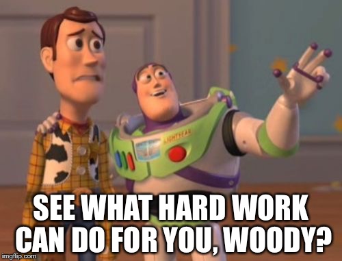SEE WHAT HARD WORK CAN DO FOR YOU, WOODY? | image tagged in memes,x x everywhere | made w/ Imgflip meme maker