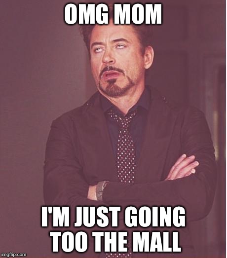Face You Make Robert Downey Jr Meme | OMG MOM I'M JUST GOING TOO THE MALL | image tagged in memes,face you make robert downey jr | made w/ Imgflip meme maker