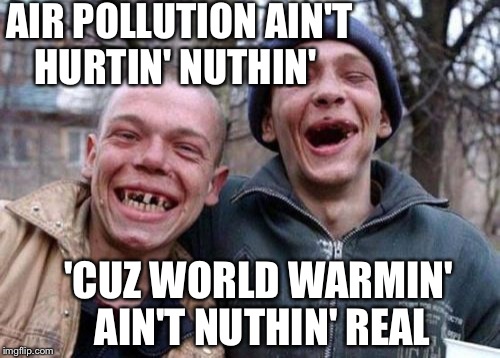 Ugly Twins Meme | AIR POLLUTION AIN'T HURTIN' NUTHIN' 'CUZ WORLD WARMIN' AIN'T NUTHIN' REAL | image tagged in memes,ugly twins | made w/ Imgflip meme maker