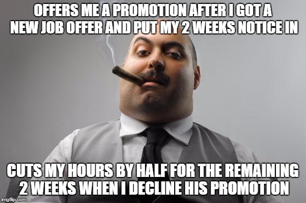 Scumbag Boss Meme | OFFERS ME A PROMOTION AFTER I GOT A NEW JOB OFFER AND PUT MY 2 WEEKS NOTICE IN CUTS MY HOURS BY HALF FOR THE REMAINING 2 WEEKS WHEN I DECLIN | image tagged in memes,scumbag boss | made w/ Imgflip meme maker