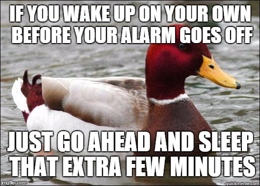 make actual bad advice mallard | IF YOU WAKE UP ON YOUR OWN BEFORE YOUR ALARM GOES OFF JUST GO AHEAD AND SLEEP THAT EXTRA FEW MINUTES | image tagged in make actual bad advice mallard | made w/ Imgflip meme maker