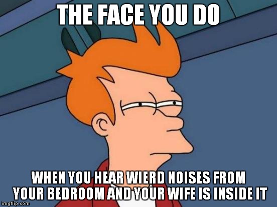Futurama Fry | THE FACE YOU DO WHEN YOU HEAR WIERD NOISES FROM YOUR BEDROOM AND YOUR WIFE IS INSIDE IT | image tagged in memes,futurama fry | made w/ Imgflip meme maker
