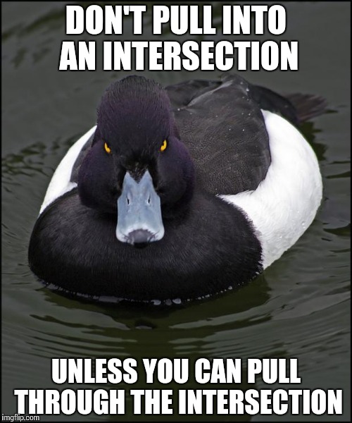 Angry duck | DON'T PULL INTO AN INTERSECTION UNLESS YOU CAN PULL THROUGH THE INTERSECTION | image tagged in angry duck | made w/ Imgflip meme maker
