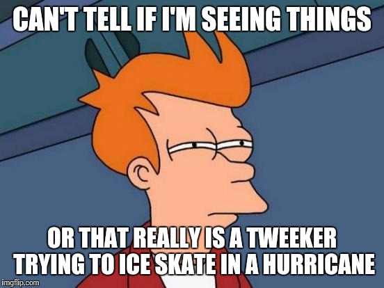 Futurama Fry | CAN'T TELL IF I'M SEEING THINGS OR THAT REALLY IS A TWEEKER TRYING TO ICE SKATE IN A HURRICANE | image tagged in memes,futurama fry | made w/ Imgflip meme maker