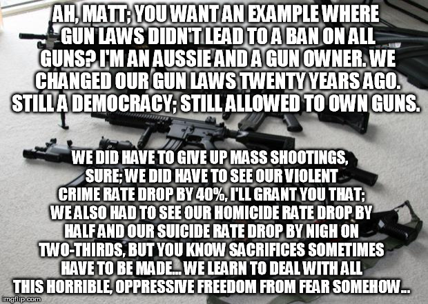 guns | AH, MATT; YOU WANT AN EXAMPLE WHERE GUN LAWS DIDN'T LEAD TO A BAN ON ALL GUNS? I'M AN AUSSIE AND A GUN OWNER. WE CHANGED OUR GUN LAWS TWENTY | image tagged in guns | made w/ Imgflip meme maker