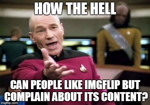 What else is there? | HOW THE HELL CAN PEOPLE LIKE IMGFLIP BUT COMPLAIN ABOUT ITS CONTENT? | image tagged in memes,picard wtf,imgflip | made w/ Imgflip meme maker