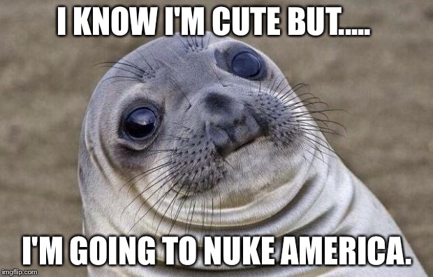 Awkward Moment Sealion | I KNOW I'M CUTE BUT..... I'M GOING TO NUKE AMERICA. | image tagged in memes,awkward moment sealion | made w/ Imgflip meme maker