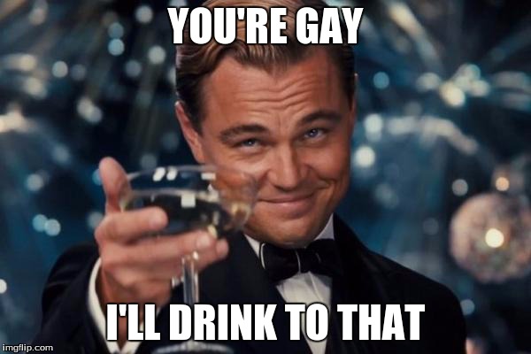 Leonardo Dicaprio Cheers | YOU'RE GAY I'LL DRINK TO THAT | image tagged in memes,leonardo dicaprio cheers,leonardo dicaprio wolf of wall street | made w/ Imgflip meme maker