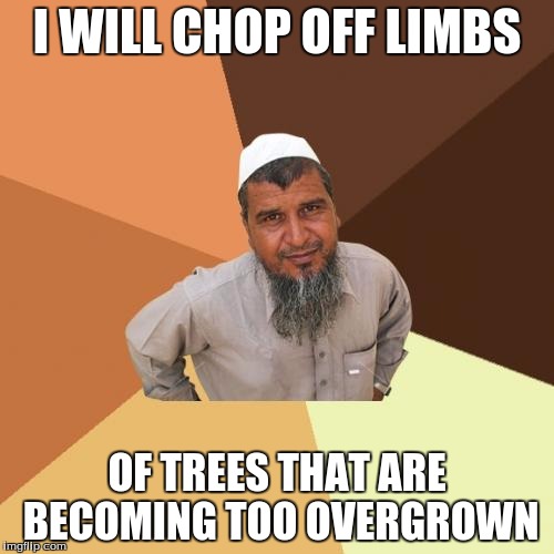 Ordinary Muslim Man Meme | I WILL CHOP OFF LIMBS OF TREES THAT ARE BECOMING TOO OVERGROWN | image tagged in memes,ordinary muslim man | made w/ Imgflip meme maker