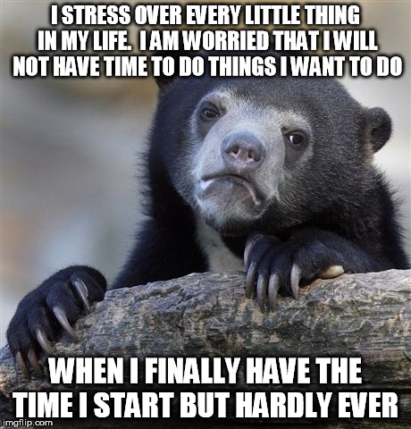 Confession Bear | I STRESS OVER EVERY LITTLE THING IN MY LIFE.  I AM WORRIED THAT I WILL NOT HAVE TIME TO DO THINGS I WANT TO DO WHEN I FINALLY HAVE THE TIME  | image tagged in memes,confession bear | made w/ Imgflip meme maker