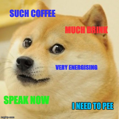 SUCH COFFEE MUCH DRINK VERY ENERGISING SPEAK NOW I NEED TO PEE | image tagged in memes,doge | made w/ Imgflip meme maker
