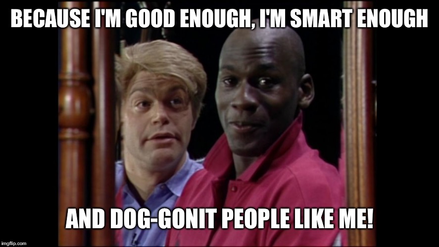BECAUSE I'M GOOD ENOUGH, I'M SMART ENOUGH AND DOG-GONIT PEOPLE LIKE ME! | image tagged in jordan | made w/ Imgflip meme maker