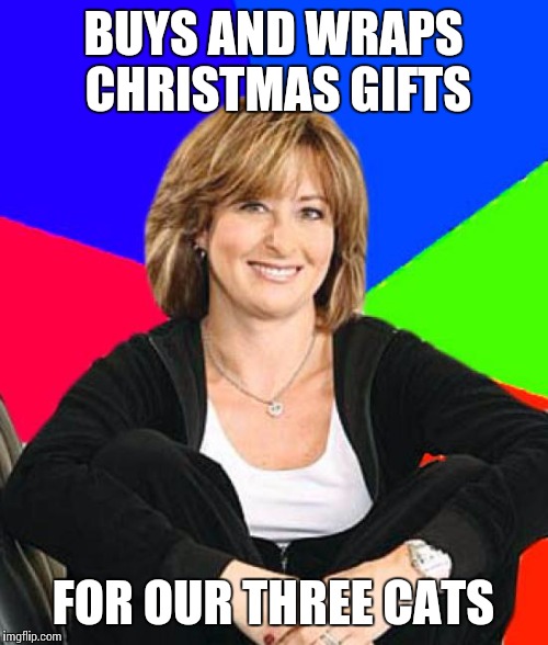 Sheltering Suburban Mom | BUYS AND WRAPS CHRISTMAS GIFTS FOR OUR THREE CATS | image tagged in memes,sheltering suburban mom | made w/ Imgflip meme maker