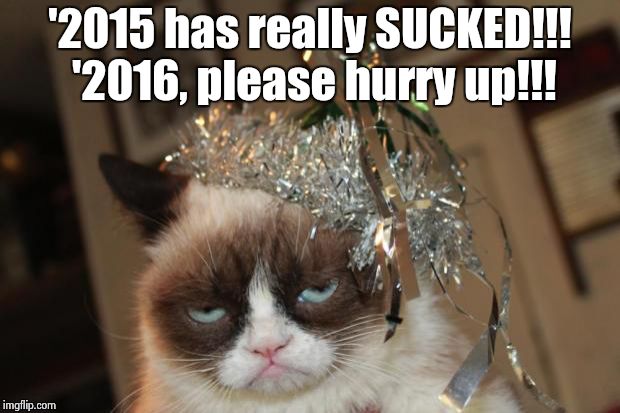 Grumpy Cat New Years | '2015 has really SUCKED!!! '2016, please hurry up!!! | image tagged in grumpy cat new years | made w/ Imgflip meme maker