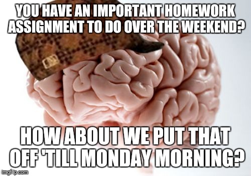 Scumbag Brain | YOU HAVE AN IMPORTANT HOMEWORK ASSIGNMENT TO DO OVER THE WEEKEND? HOW ABOUT WE PUT THAT OFF 'TILL MONDAY MORNING? | image tagged in memes,scumbag brain,funny,funny memes,procrastination | made w/ Imgflip meme maker