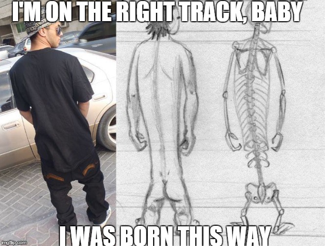 Anatomical correctness | I'M ON THE RIGHT TRACK, BABY I WAS BORN THIS WAY | image tagged in memes,meme,gangsta,pants | made w/ Imgflip meme maker