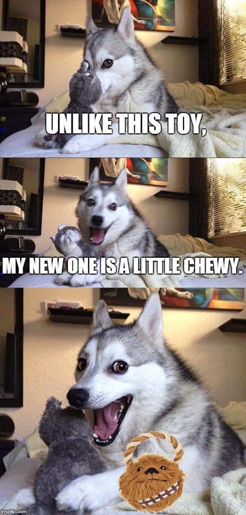 Bad Pun Dog | UNLIKE THIS TOY, MY NEW ONE IS A LITTLE CHEWY. | image tagged in memes,bad pun dog | made w/ Imgflip meme maker