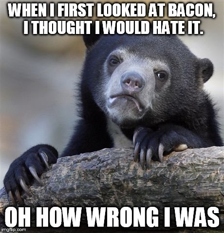 Confession Bear Meme | WHEN I FIRST LOOKED AT BACON, I THOUGHT I WOULD HATE IT. OH HOW WRONG I WAS | image tagged in memes,confession bear | made w/ Imgflip meme maker