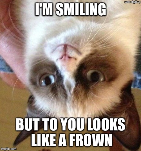 Grumpy smile | I'M SMILING BUT TO YOU LOOKS LIKE A FROWN | image tagged in grumpy smile | made w/ Imgflip meme maker