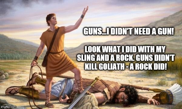 King David       | GUNS...I DIDN'T NEED A GUN! LOOK WHAT I DID WITH MY SLING AND A ROCK. GUNS DIDN'T KILL GOLIATH - A ROCK DID! | image tagged in king david,memes,goliath,gun control,biblical | made w/ Imgflip meme maker