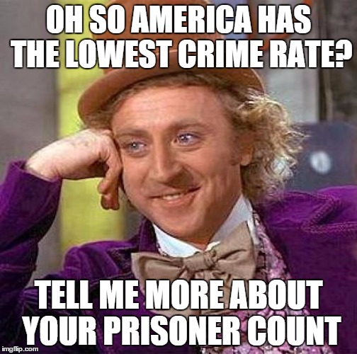 Creepy Condescending Wonka | OH SO AMERICA HAS THE LOWEST CRIME RATE? TELL ME MORE ABOUT YOUR PRISONER COUNT | image tagged in memes,creepy condescending wonka | made w/ Imgflip meme maker