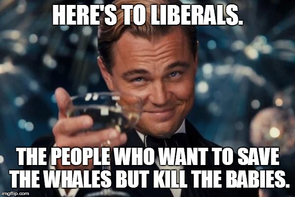 Leonardo Dicaprio Cheers Meme | HERE'S TO LIBERALS. THE PEOPLE WHO WANT TO SAVE THE WHALES BUT KILL THE BABIES. | image tagged in memes,leonardo dicaprio cheers | made w/ Imgflip meme maker