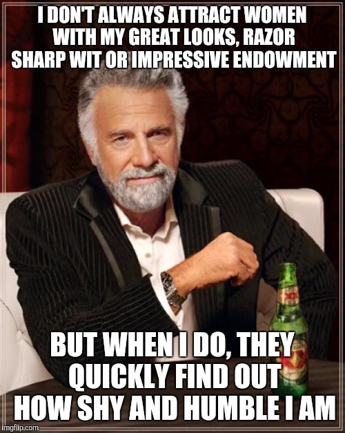 The Most Interesting Man In The World | I DON'T ALWAYS ATTRACT WOMEN WITH MY GREAT LOOKS, RAZOR SHARP WIT OR IMPRESSIVE ENDOWMENT BUT WHEN I DO, THEY QUICKLY FIND OUT HOW SHY AND H | image tagged in memes,the most interesting man in the world | made w/ Imgflip meme maker