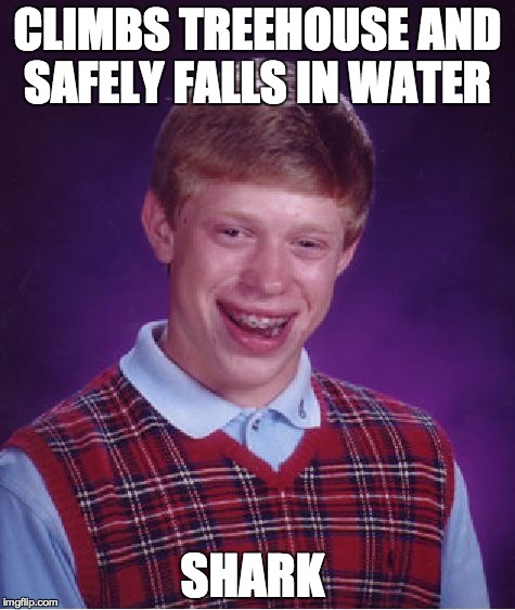 i took this for someone else so don't hate | CLIMBS TREEHOUSE AND SAFELY FALLS IN WATER SHARK | image tagged in memes,bad luck brian,funny,funny memes,shark,tree | made w/ Imgflip meme maker