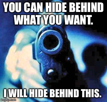 gun in face | YOU CAN HIDE BEHIND WHAT YOU WANT. I WILL HIDE BEHIND THIS. | image tagged in gun in face | made w/ Imgflip meme maker