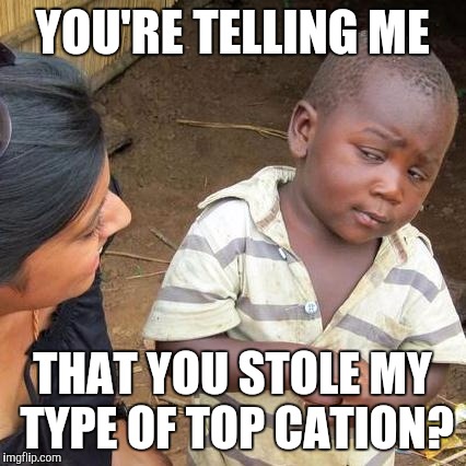 Third World Skeptical Kid Meme | YOU'RE TELLING ME THAT YOU STOLE MY TYPE OF TOP CATION? | image tagged in memes,third world skeptical kid | made w/ Imgflip meme maker