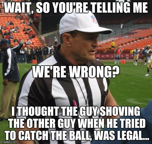 reality | WAIT, SO YOU'RE TELLING ME I THOUGHT THE GUY SHOVING THE OTHER GUY WHEN HE TRIED TO CATCH THE BALL, WAS LEGAL... WE'RE WRONG? | image tagged in nfl referee | made w/ Imgflip meme maker