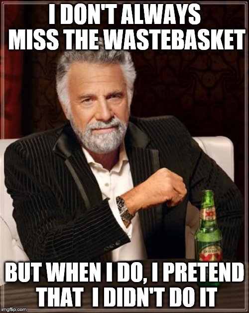 The Most Interesting Man In The World | I DON'T ALWAYS MISS THE WASTEBASKET BUT WHEN I DO, I PRETEND THAT  I DIDN'T DO IT | image tagged in memes,the most interesting man in the world | made w/ Imgflip meme maker