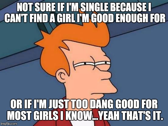Futurama Fry Meme | NOT SURE IF I'M SINGLE BECAUSE I CAN'T FIND A GIRL I'M GOOD ENOUGH FOR OR IF I'M JUST TOO DANG GOOD FOR MOST GIRLS I KNOW...YEAH THAT'S IT. | image tagged in memes,futurama fry | made w/ Imgflip meme maker